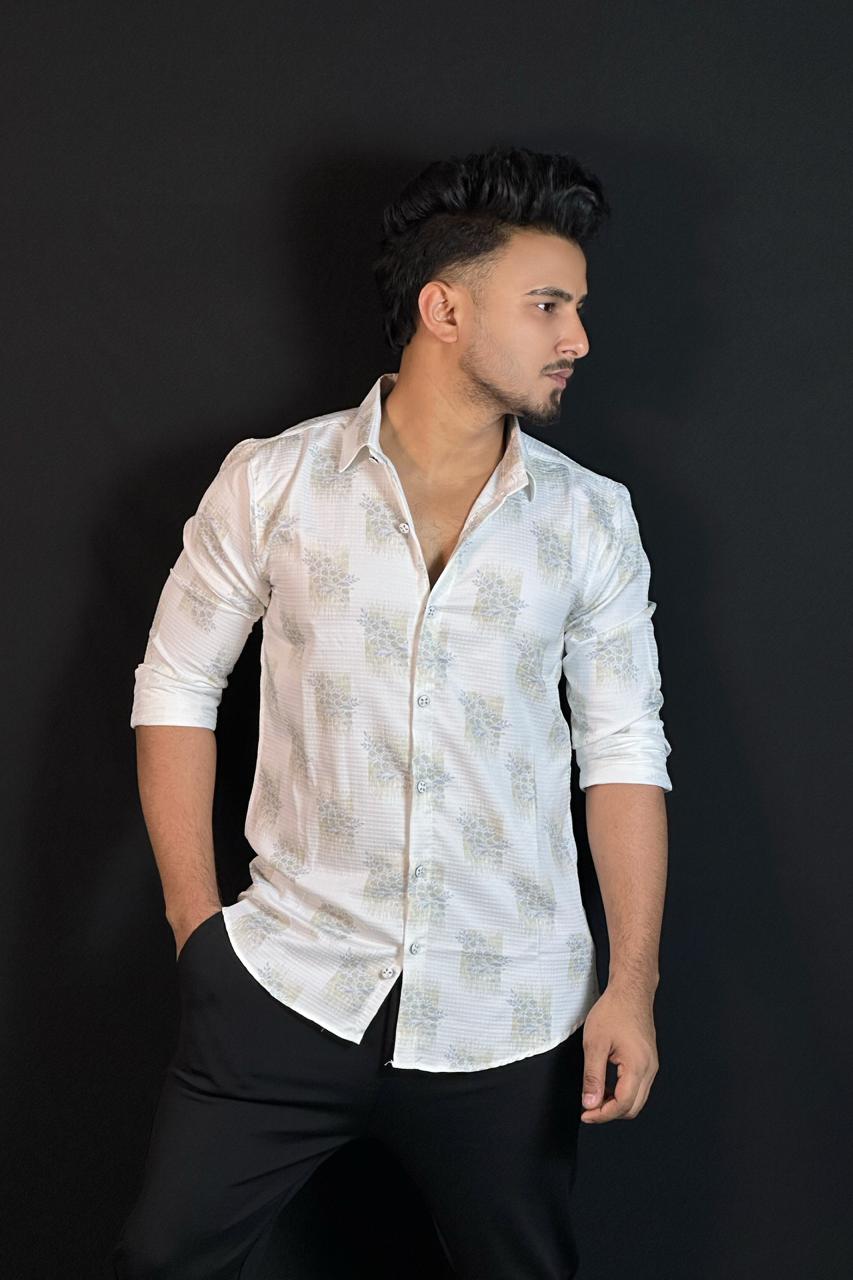 অলিভ হোয়াইট প্রিন্টেড শার্ট-Flower